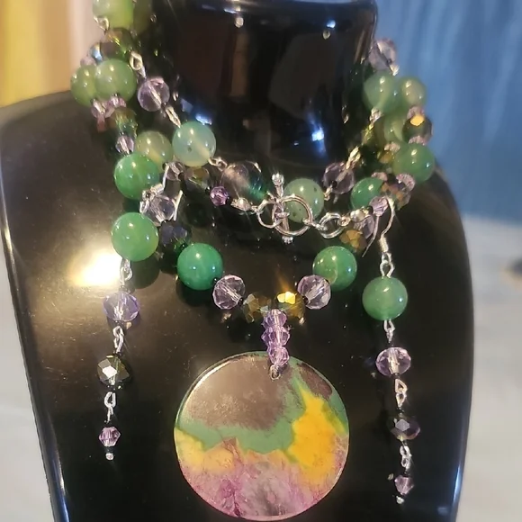 NWOT,Elegant Green Agate, AB Crystal  Purple Beaded Necklace Set - Picture 11 of 14